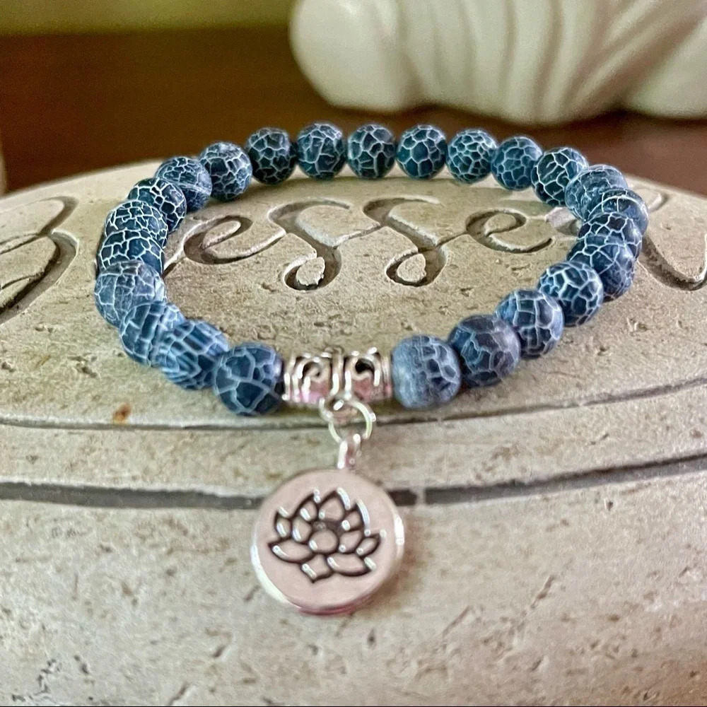 Weathered Agate Beaded‎ Healing Bracelet with Lotus Charm (8mm beads)